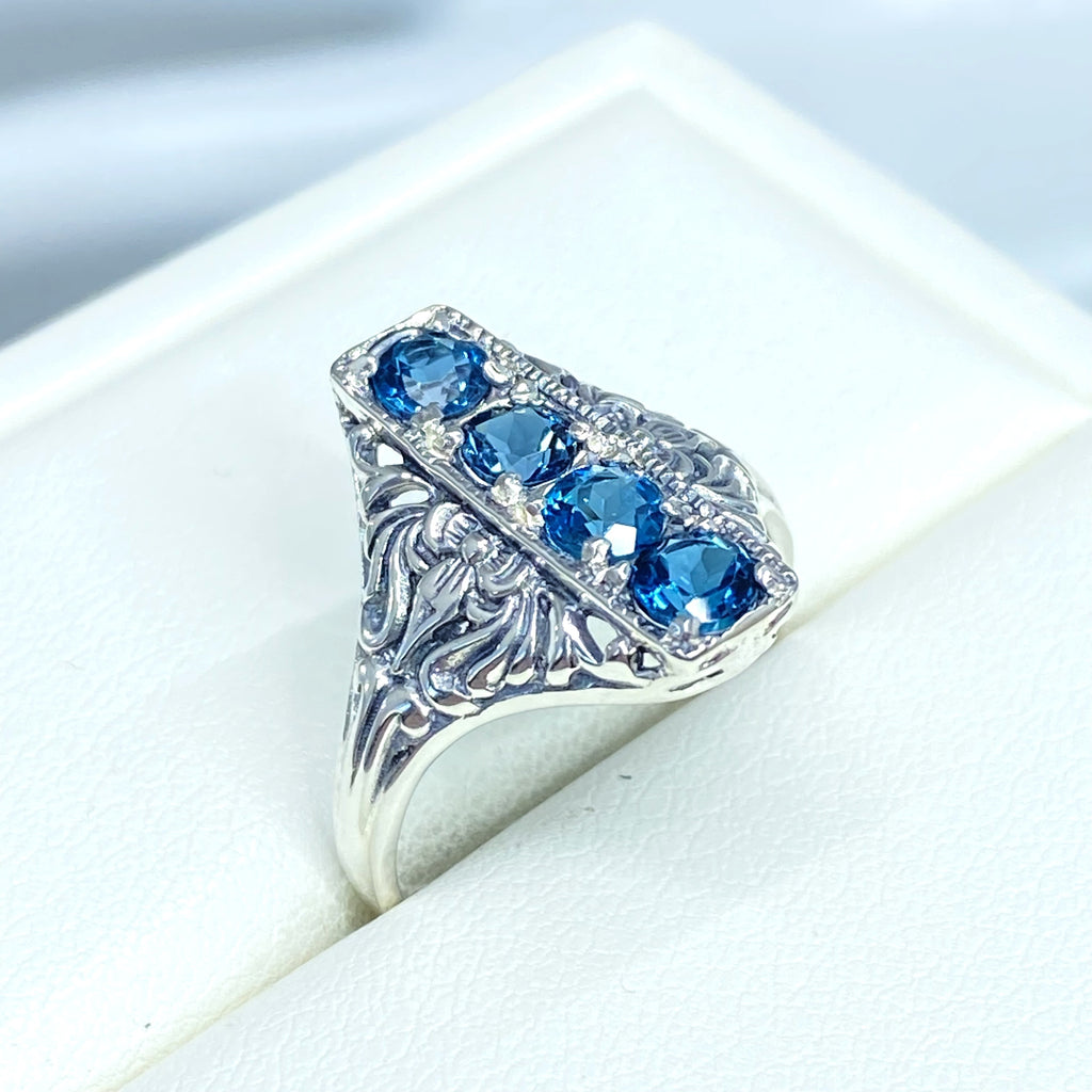 London Blue Topaz Ring, 4 gems, Victorian swirl filigree, sterling silver, Silver Embrace Jewelry, D72