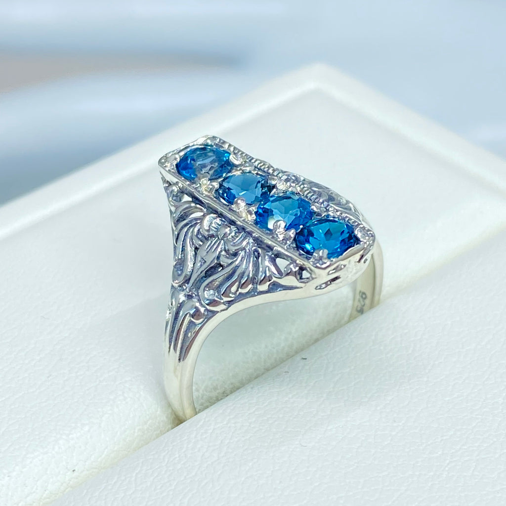 London Blue Topaz Ring, 4 gems, Victorian swirl filigree, sterling silver, Silver Embrace Jewelry, D72