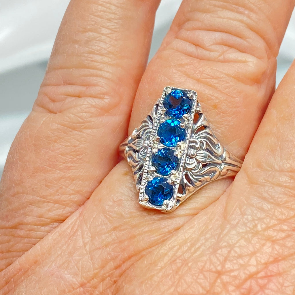 London Blue Topaz Ring, 4 gems, Victorian swirl filigree, sterling silver, Silver Embrace Jewelry, D72