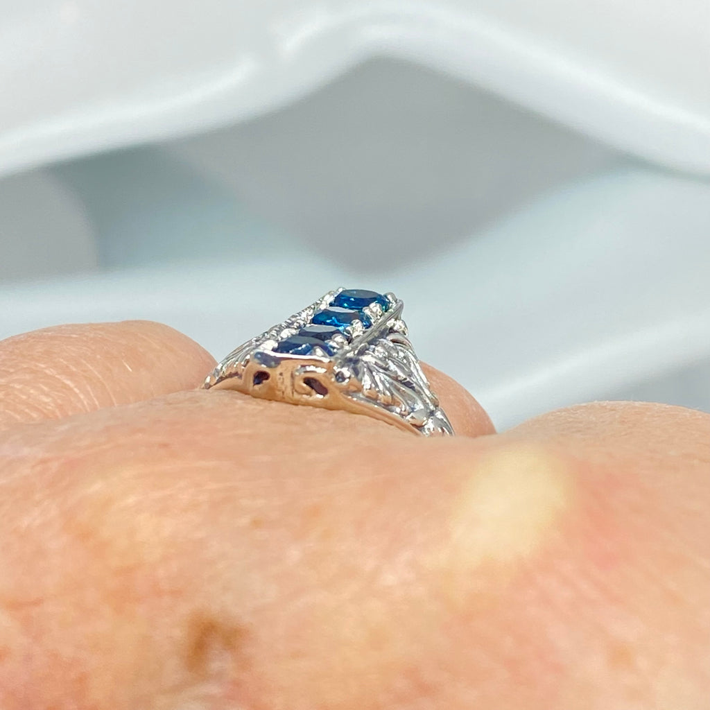London Blue Topaz Ring, 4 gems, Victorian swirl filigree, sterling silver, Silver Embrace Jewelry, D72