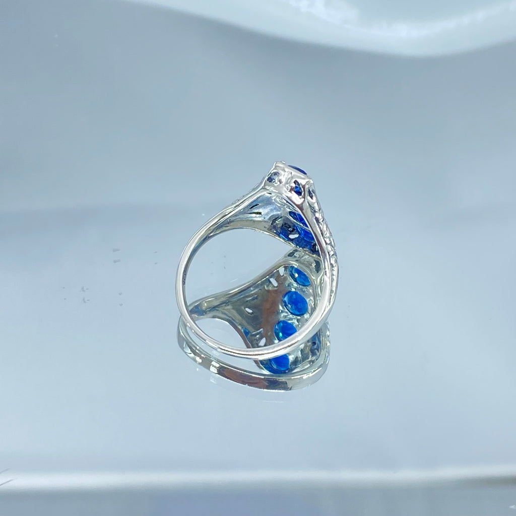 London Blue Topaz Ring, 4 gems, Victorian swirl filigree, sterling silver, Silver Embrace Jewelry, D72