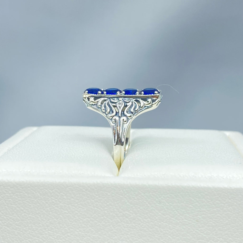 London Blue Topaz Ring, 4 gems, Victorian swirl filigree, sterling silver, Silver Embrace Jewelry, D72