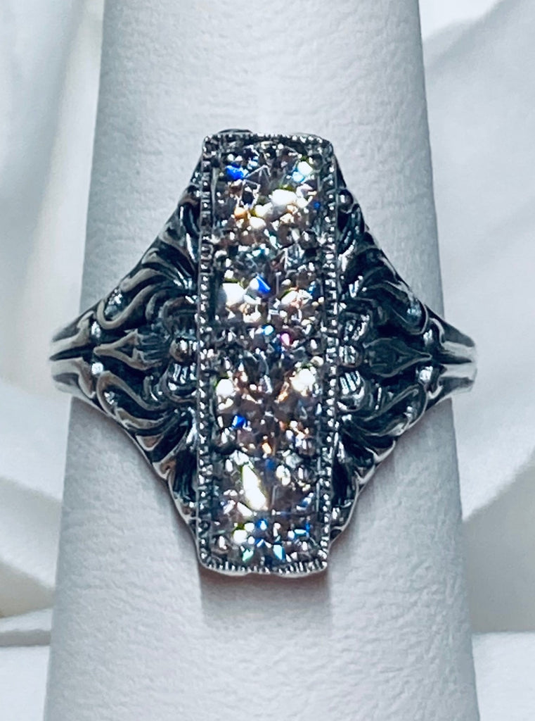 Moissanite Ring, 4-Gem Ring, Antique Victorian Filigree, Sterling Silver Filigree, Silver Embrace jewelry, Vintage style, Antique reproduction jewelry, D72 4Gem