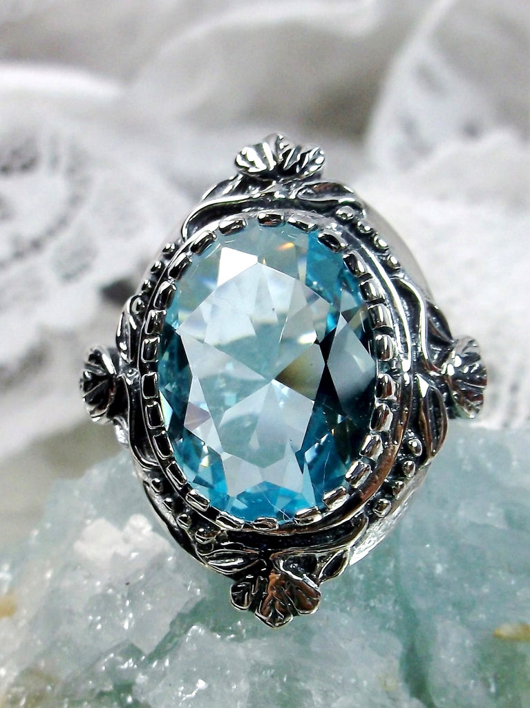 Aquamarine Ring, Oval gem, Wreath Sterling silver Filigree, Victorian Vintage Jewelry, Silver Embrace Jewerly, D74