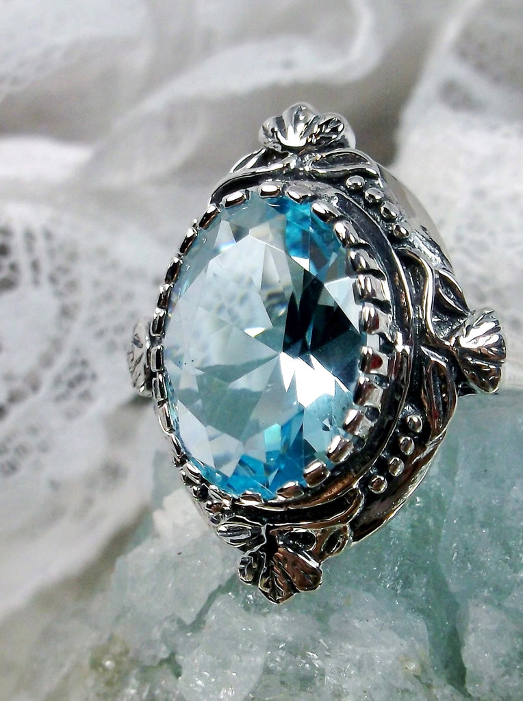 Aquamarine Ring, Oval gem, Wreath Sterling silver Filigree, Victorian Vintage Jewelry, Silver Embrace Jewelry, D74