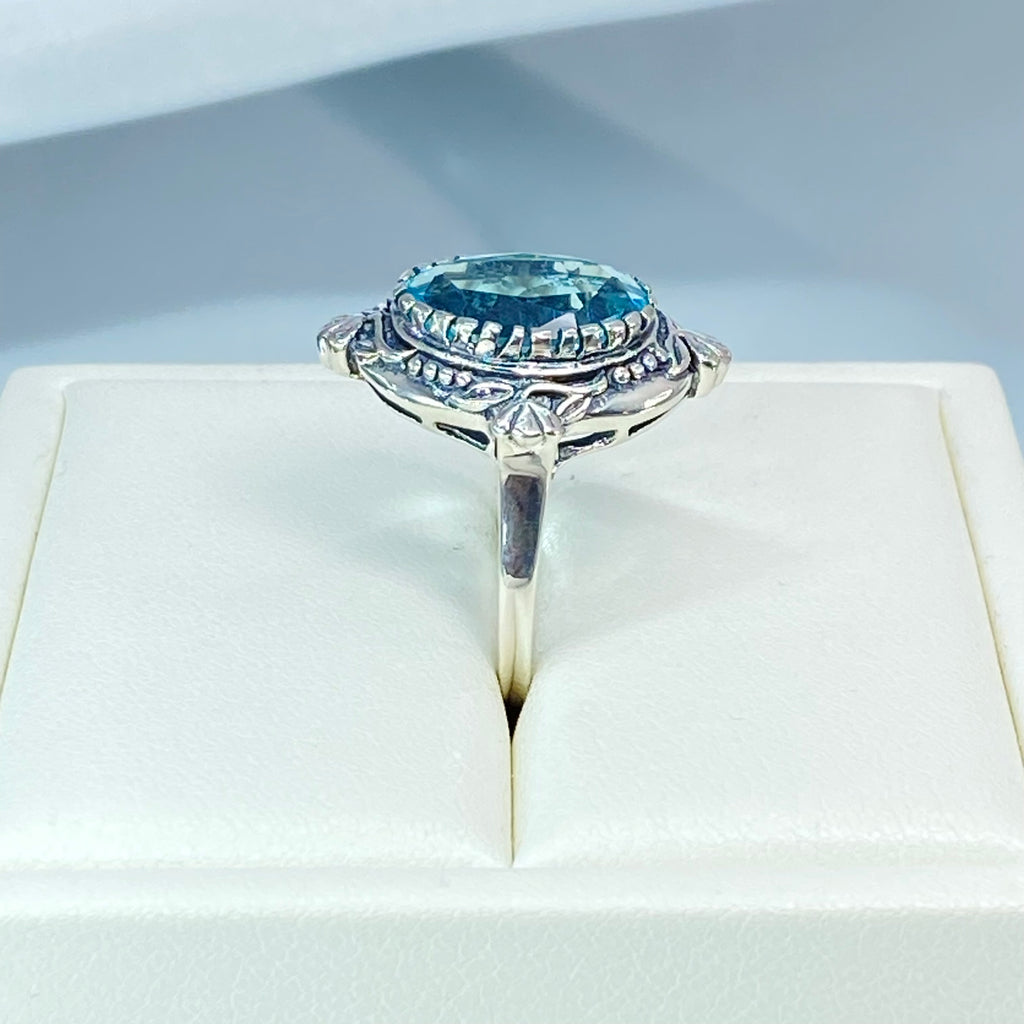 Aquamarine Ring, Oval gem, Wreath Sterling silver Filigree, Victorian Vintage Jewelry, Silver Embrace Jewelry, D74