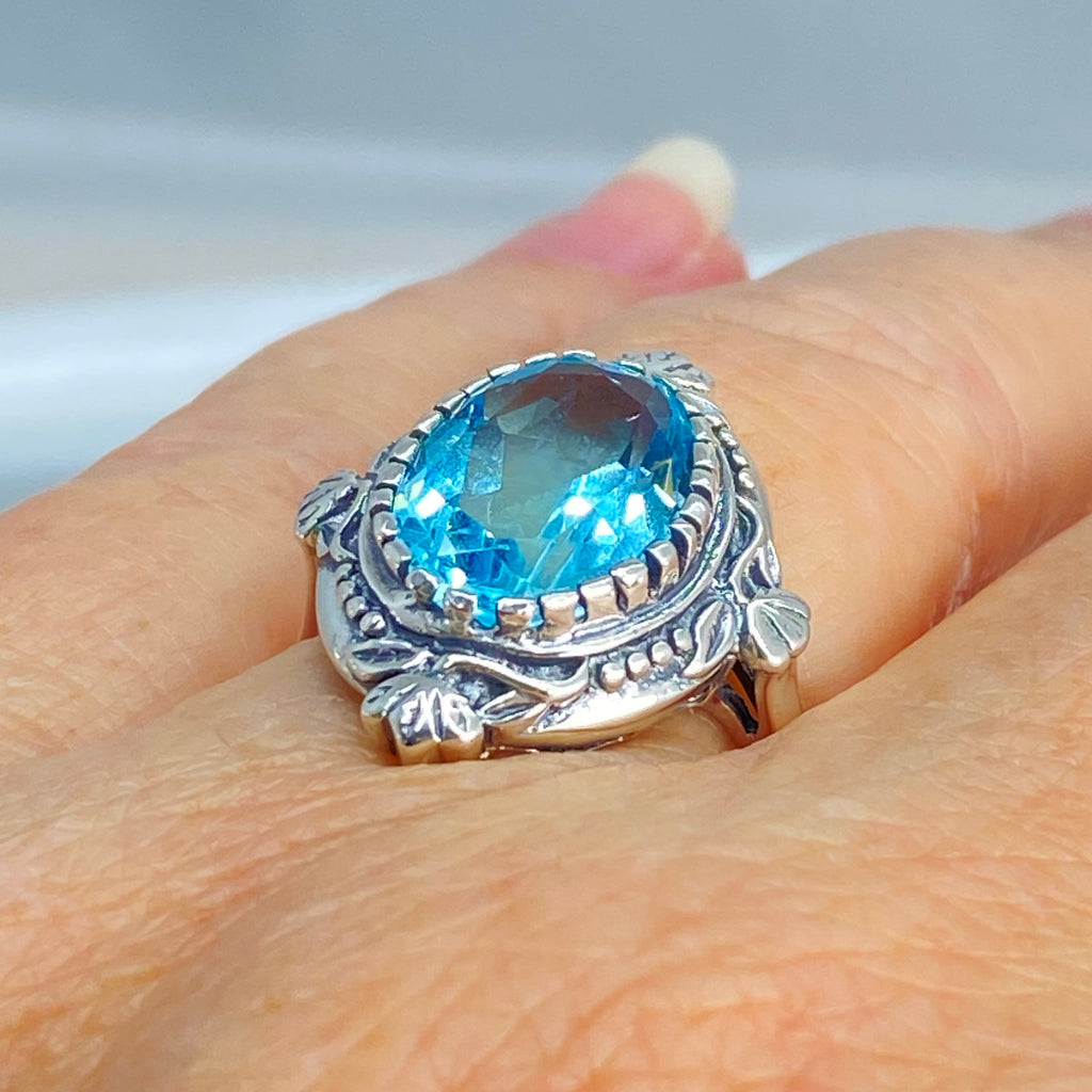Aquamarine Ring, Oval gem, Wreath Sterling silver Filigree, Victorian Vintage Jewelry, Silver Embrace Jewelry, D74