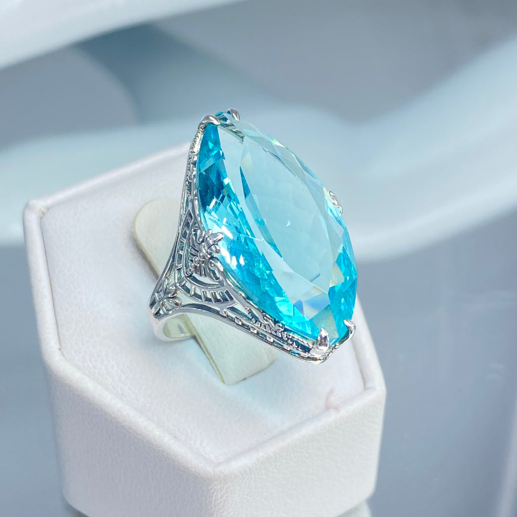 Aquamarine Ring, Huge Marquis Gemstone, Art Deco Ring, Sky Blue Gemstone, Sterling silver filigree ring, Silver Embrace Jewelry, D75