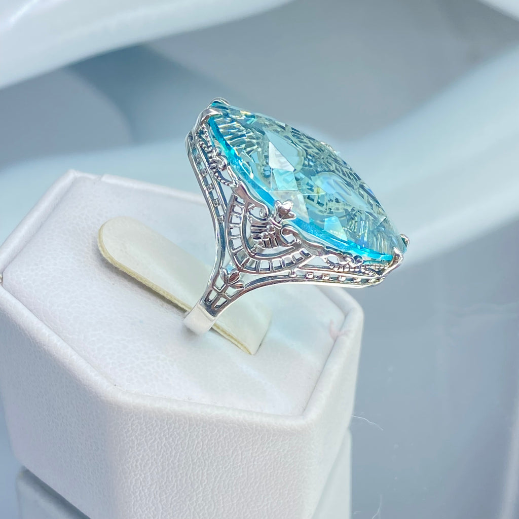 Aquamarine Ring, Huge Marquis Gemstone, Art Deco Ring, Sky Blue Gemstone, Sterling silver filigree ring, Silver Embrace Jewelry, D75