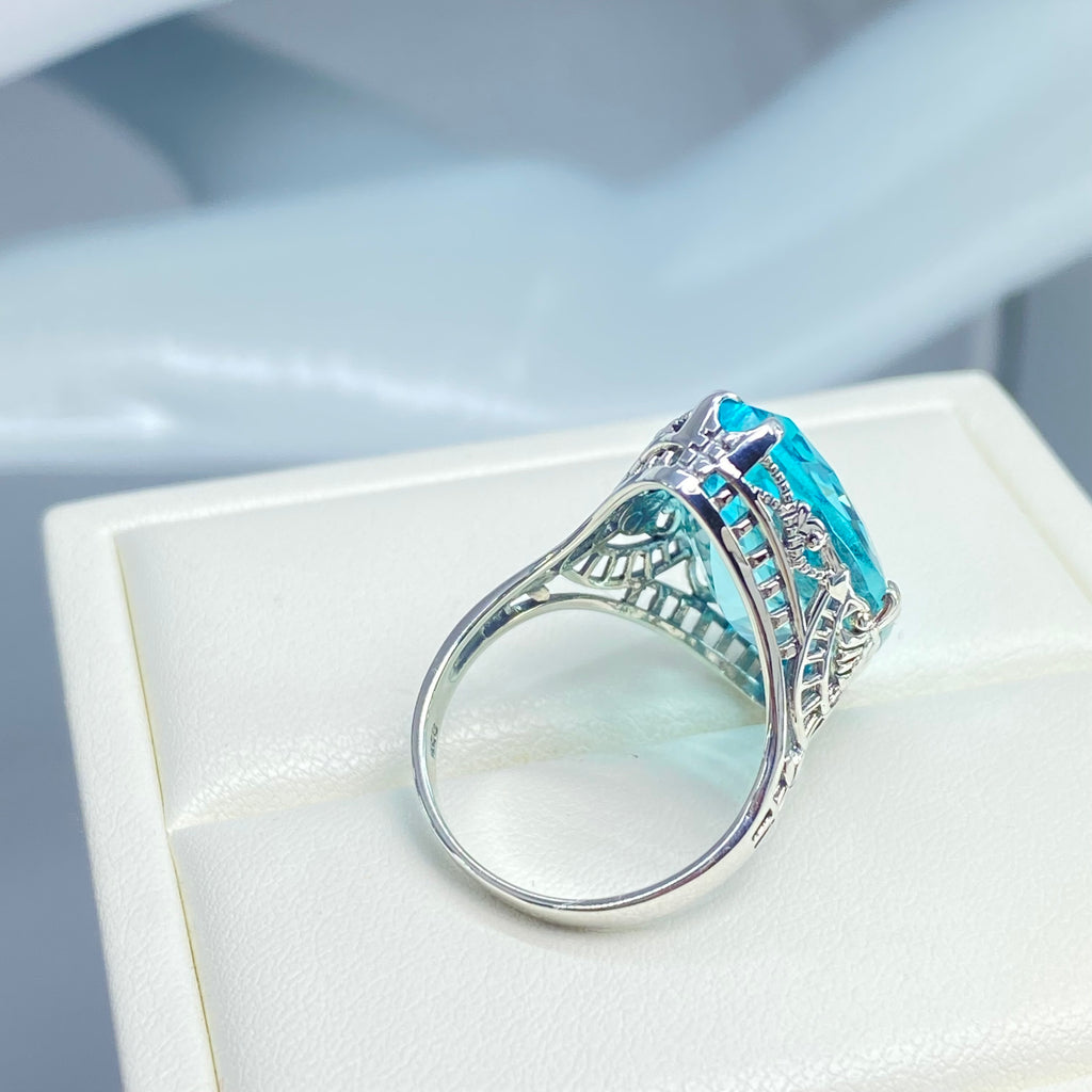 Aquamarine Ring, Huge Marquis Gemstone, Art Deco Ring, Sky Blue Gemstone, Sterling silver filigree ring, Silver Embrace Jewelry, D75