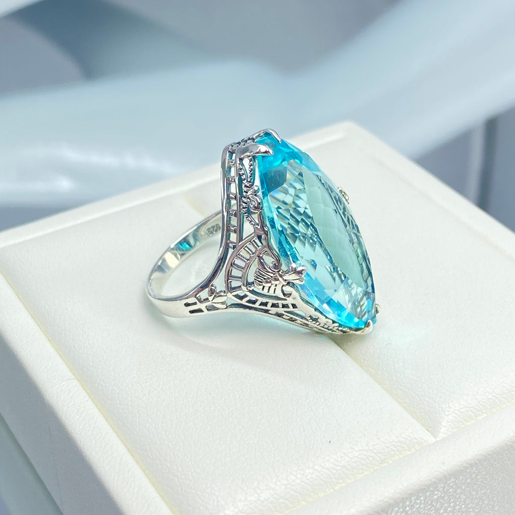 Aquamarine Ring, Huge Marquis Gemstone, Art Deco Ring, Sky Blue Gemstone, Sterling silver filigree ring, Silver Embrace Jewelry, D75