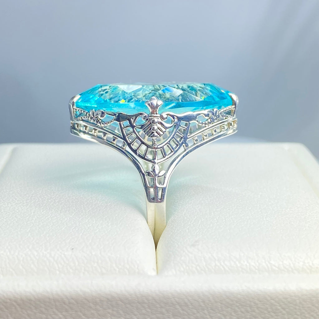 Aquamarine Ring, Huge Marquis Gemstone, Art Deco Ring, Sky Blue Gemstone, Sterling silver filigree ring, Silver Embrace Jewelry, D75