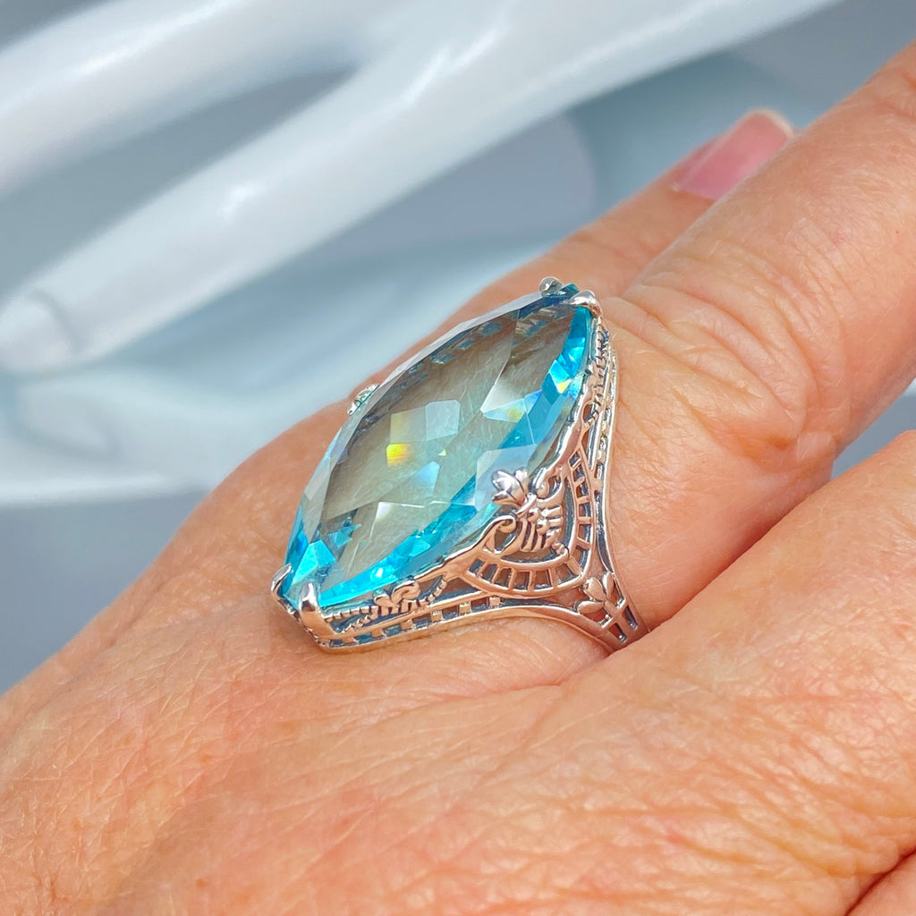 Aquamarine Ring, Huge Marquis Gemstone, Art Deco Ring, Sky Blue Gemstone, Sterling silver filigree ring, Silver Embrace Jewelry, D75