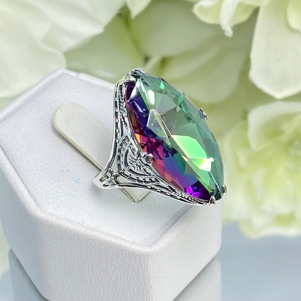 Mystic Topaz Ring, Huge Marquise Cut Mystic Topaz, Art Deco Jewelry, Silver Embrace Jewelry, D75