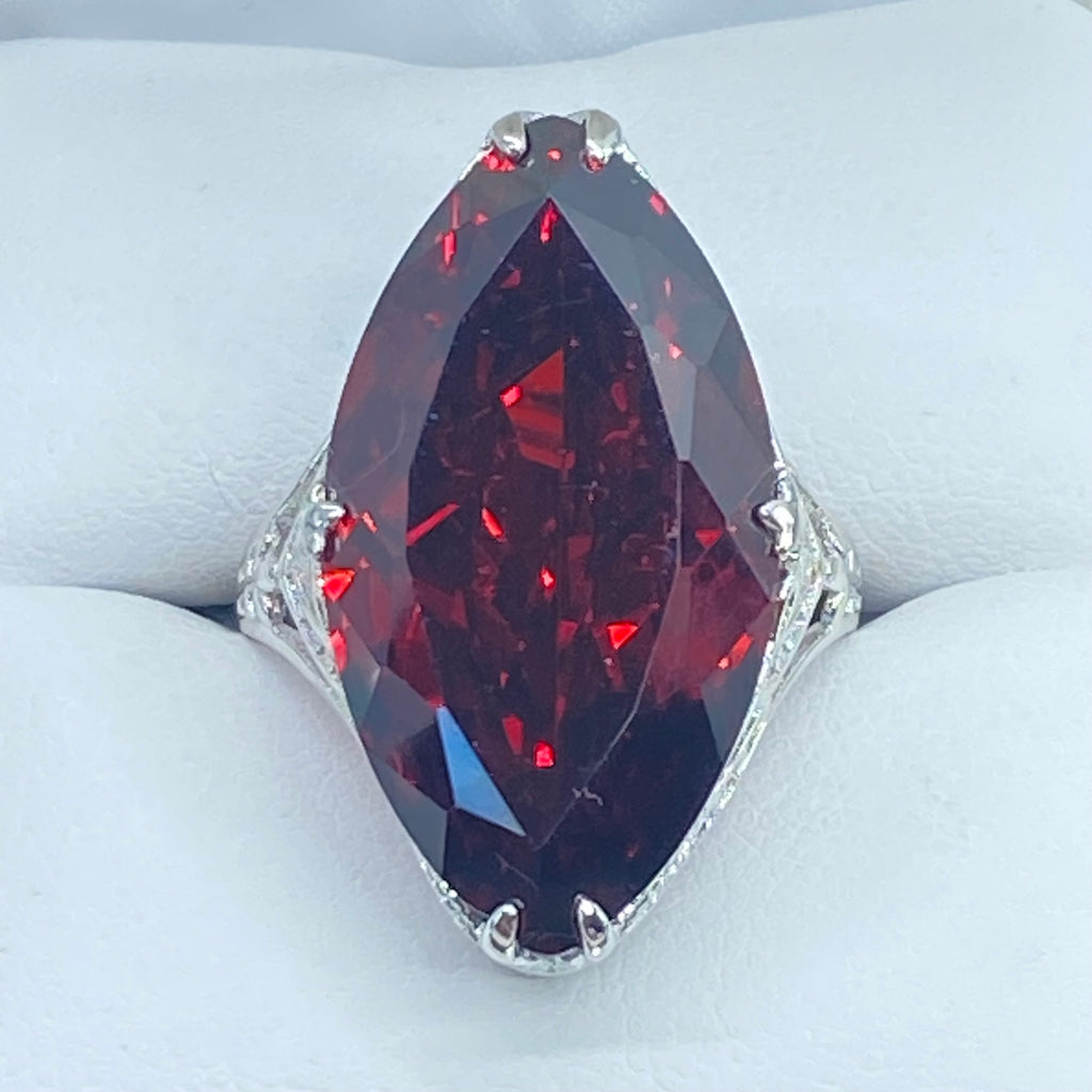 Red Garnet Cubic Zirconia (CZ) Ring, Huge Marquise Cut Red CZ, Art Deco Jewelry, Silver Embrace Jewelry