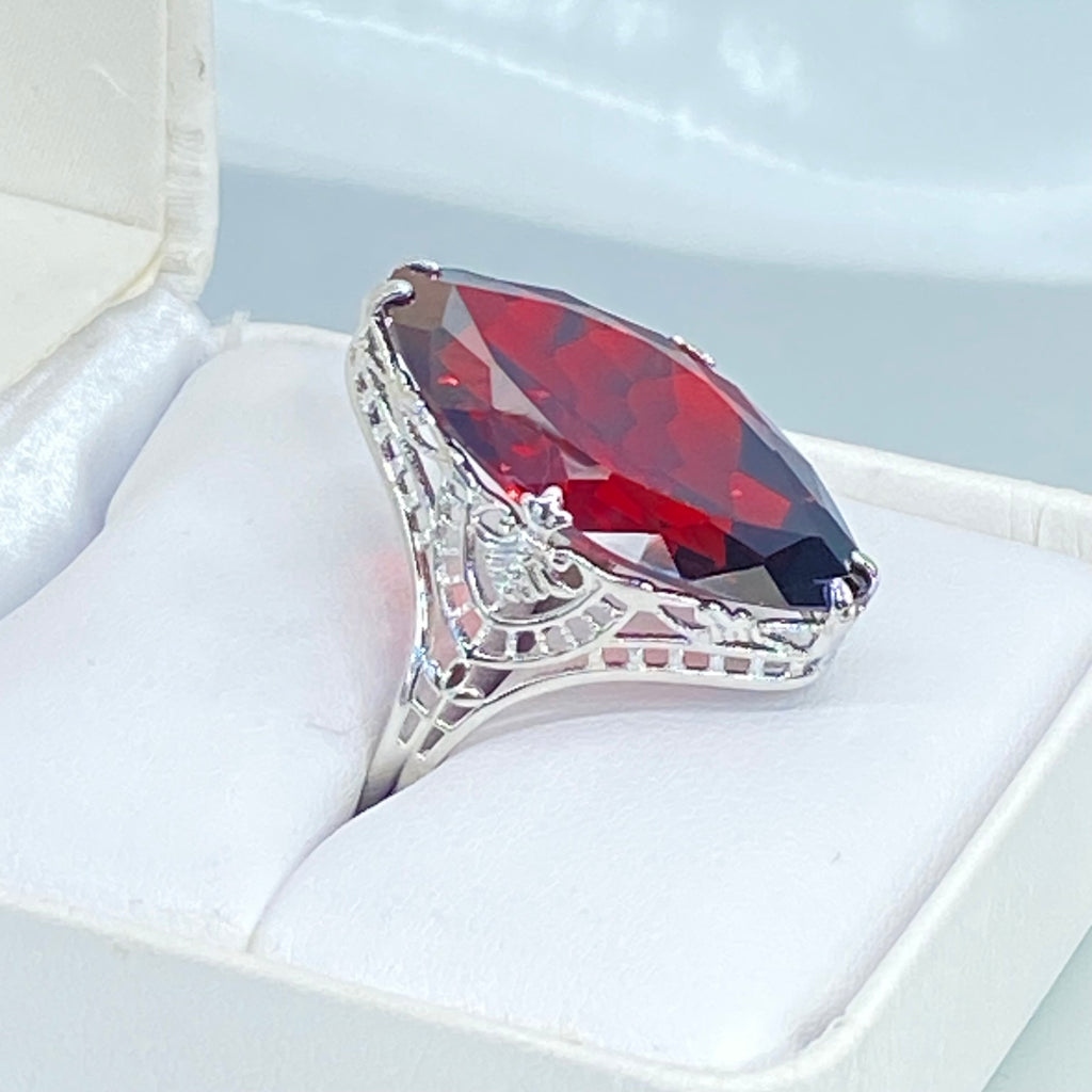 Red Garnet Cubic Zirconia (CZ) Ring, Huge Marquise Cut Red CZ, Art Deco Jewelry, Silver Embrace Jewelry