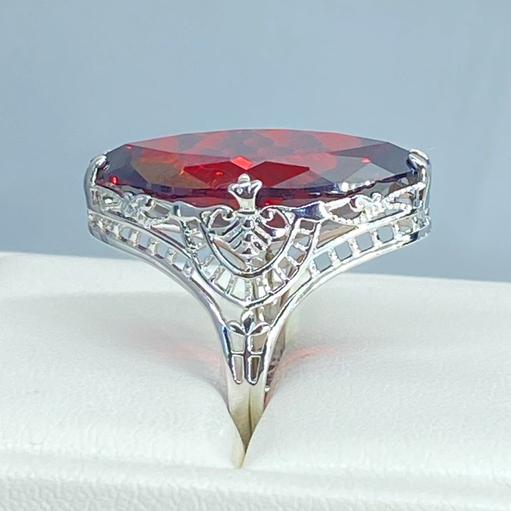Red Garnet Cubic Zirconia (CZ) Ring, Huge Marquise Cut Red CZ, Art Deco Jewelry, Silver Embrace Jewelry