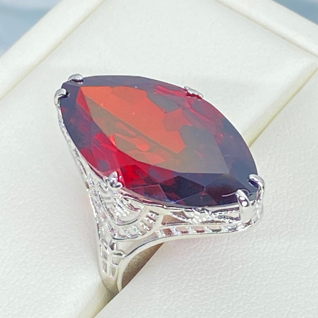 Red Garnet Cubic Zirconia (CZ) Ring, Huge Marquise Cut Red CZ, Art Deco Jewelry, Silver Embrace Jewelry