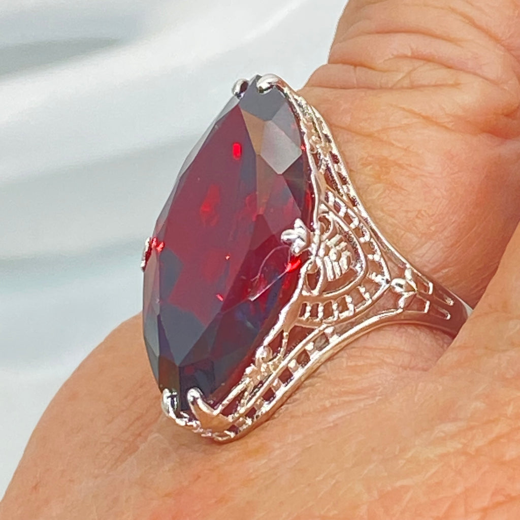 Red Garnet Cubic Zirconia (CZ) Ring, Huge Marquise Cut Red CZ, Art Deco Jewelry, Silver Embrace Jewelry