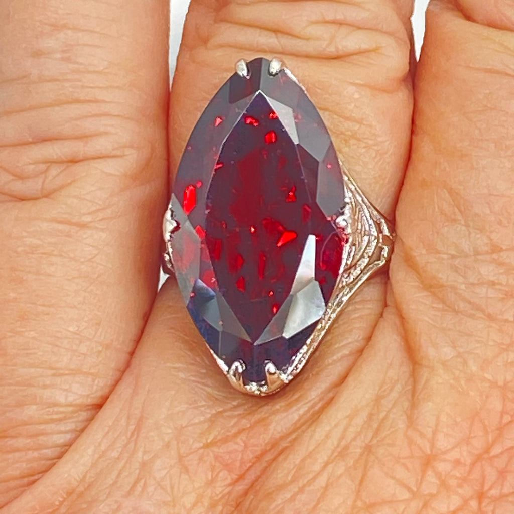 Red Garnet Cubic Zirconia (CZ) Ring, Huge Marquise Cut Red CZ, Art Deco Jewelry, Silver Embrace Jewelry