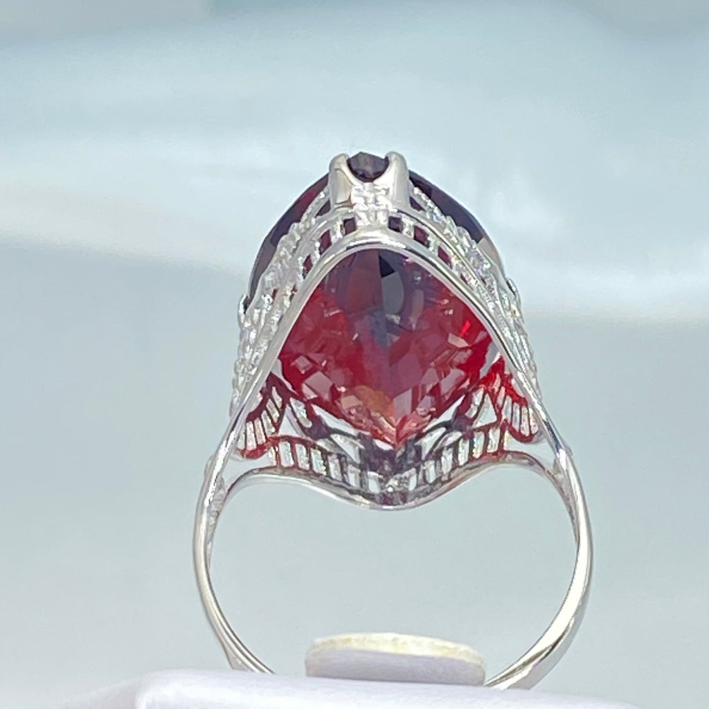Red Garnet Cubic Zirconia (CZ) Ring, Huge Marquise Cut Red CZ, Art Deco Jewelry, Silver Embrace Jewelry