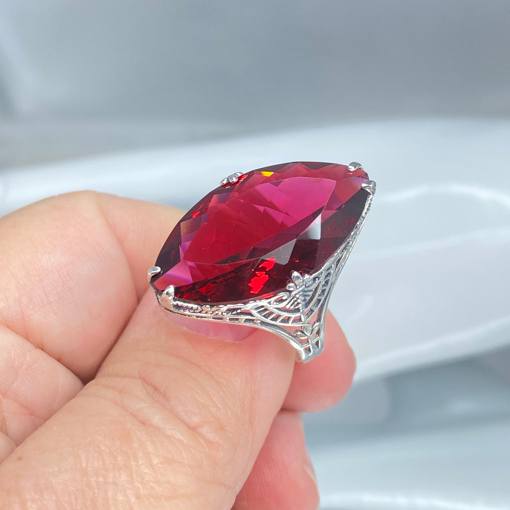 Ruby Ring, Huge Marquise Cut Gem, Art Deco Jewelry, D75 Silver Embrace Jewelry