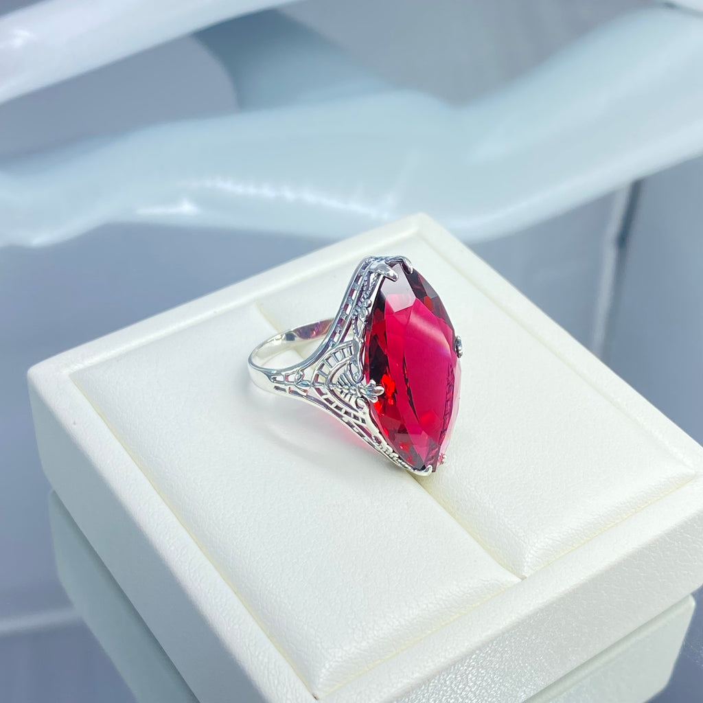 Ruby Ring, Huge Marquise Cut Gem, Art Deco Jewelry, D75 Silver Embrace Jewelry