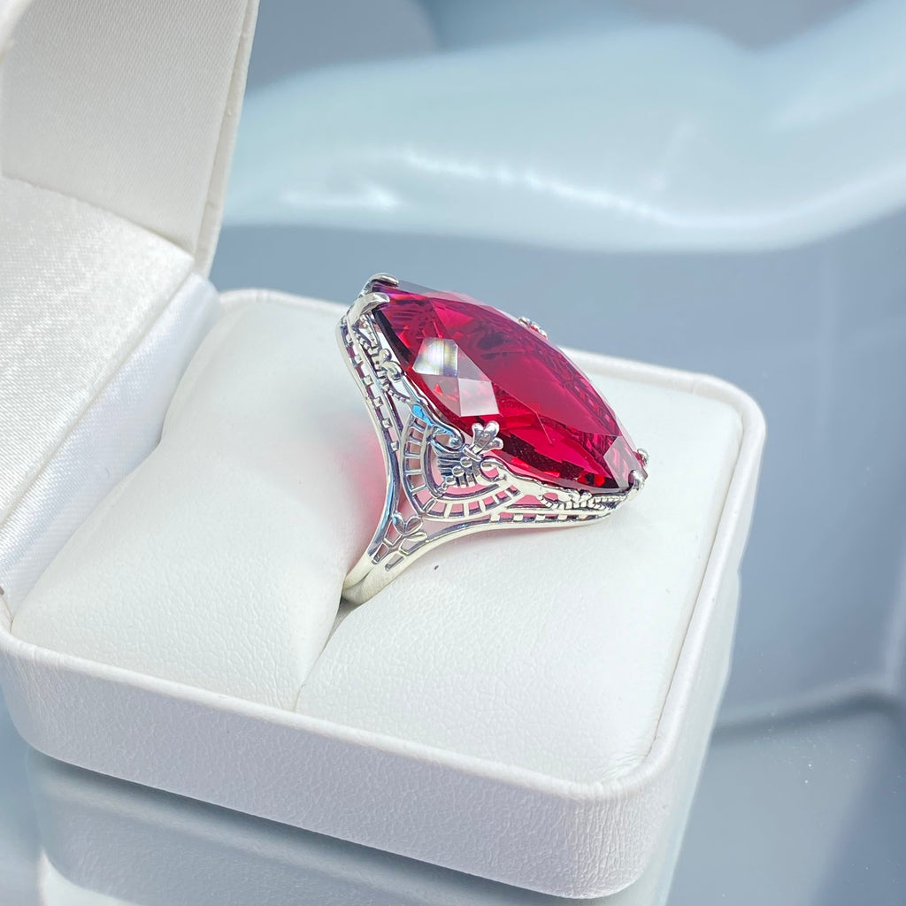 Ruby Ring, Huge Marquise Cut Gem, Art Deco Jewelry, D75 Silver Embrace Jewelry