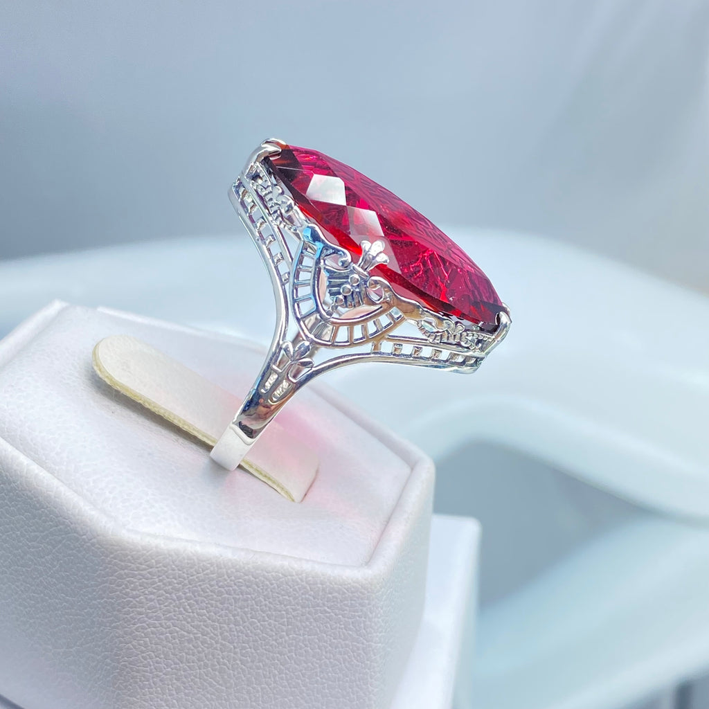 Ruby Ring, Huge Marquise Cut Gem, Art Deco Jewelry, D75 Silver Embrace Jewelry