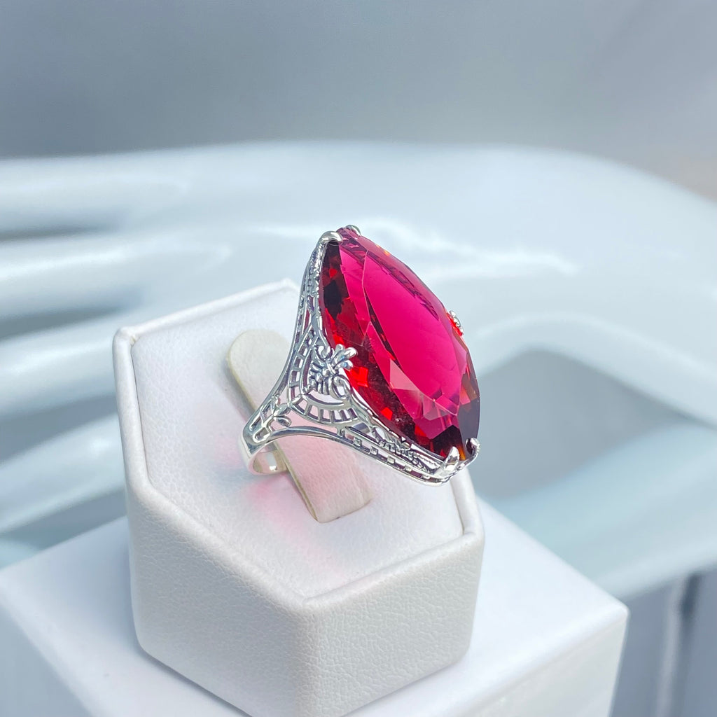 Ruby Ring, Huge Marquise Cut Gem, Art Deco Jewelry, D75 Silver Embrace Jewelry