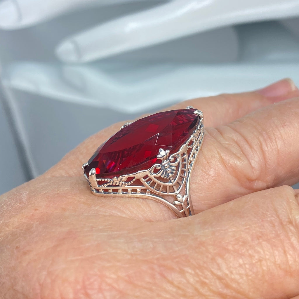 Ruby Ring, Huge Marquise Cut Gem, Art Deco Jewelry, D75 Silver Embrace Jewelry