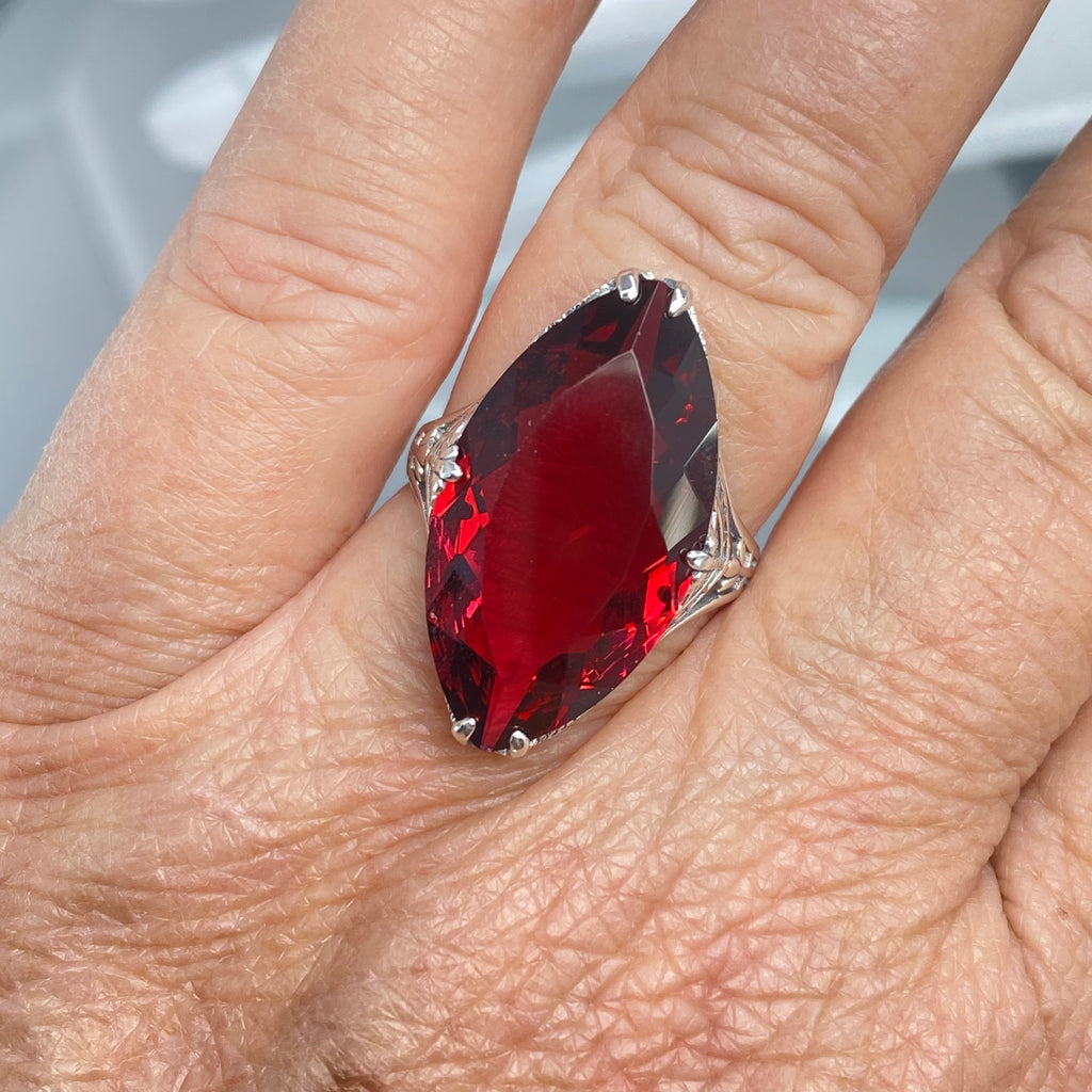 Ruby Ring, Huge Marquise Cut Gem, Art Deco Jewelry, D75 Silver Embrace Jewelry