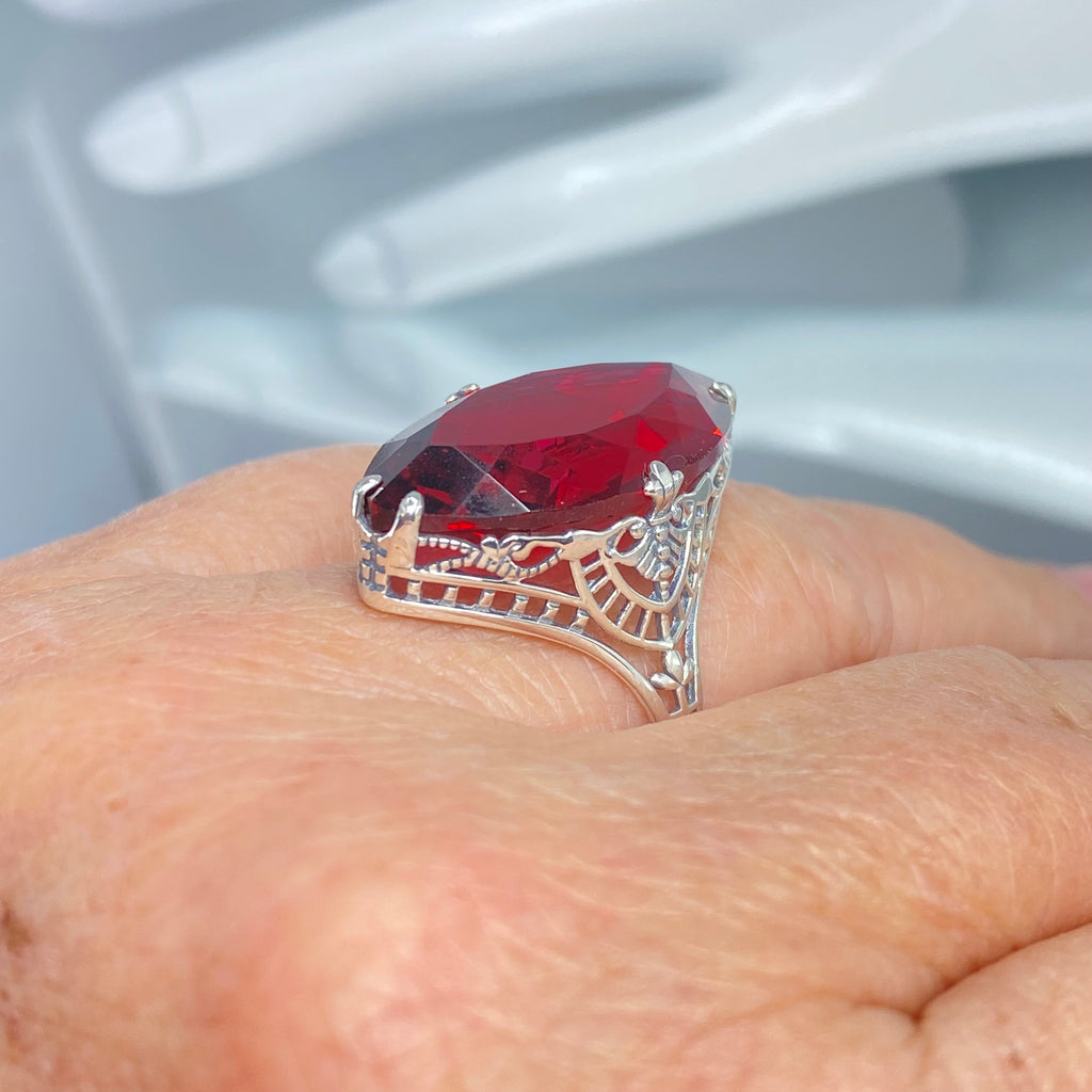 Ruby Ring, Huge Marquise Cut Gem, Art Deco Jewelry, D75 Silver Embrace Jewelry