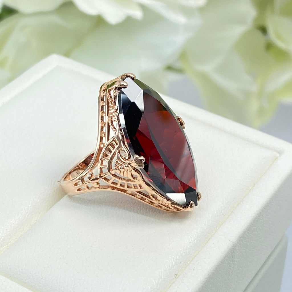 Red Garnet Cubic Zirconia (CZ) Ring, Huge Marquise Cut Red CZ, Art Deco Jewelry, Silver Embrace Jewelry, Rose Gold plated Sterling Silver, D75 Art Deco Ring