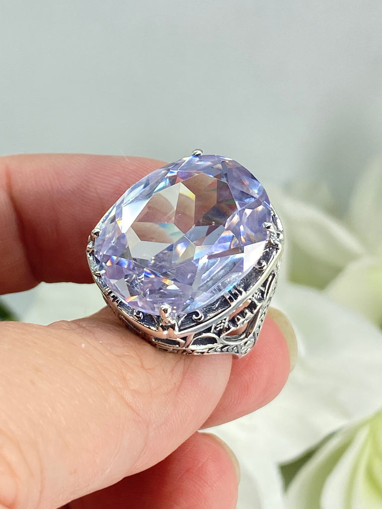 White CZ Ring, Faux Diamond gem, Sterling silver filigree, 24 carat large huge gemstone, Victorian Jewelry, floral filigree, Silver Embrace jewelry D76