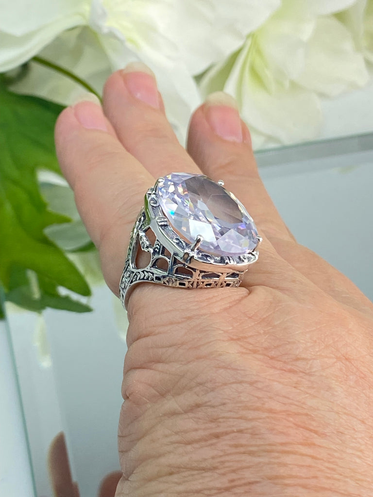 White CZ Ring, Faux Diamond gem, Sterling silver filigree, 24 carat large huge gemstone, Victorian Jewelry, floral filigree, Silver Embrace jewelry D76