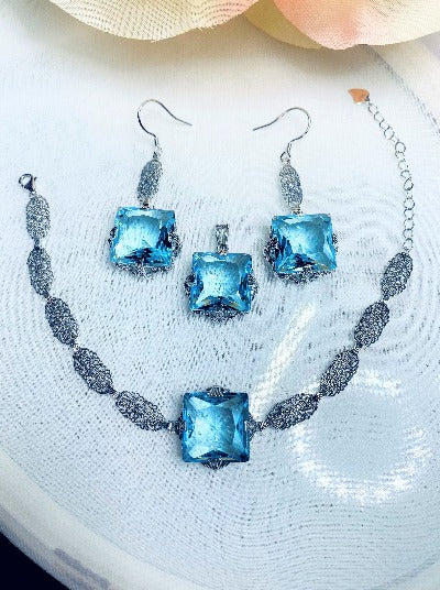 Square Victorian Set, Earrings, Necklace with Chain, Bracelet Sky Blue Aquamarine Jewelry, Sterling silver Jewelry, Silver Embrace Jewelry, S77