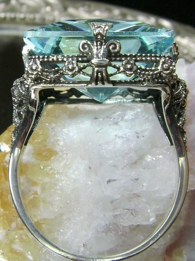 Aquamarine Sky Blue Ring, Square Victorian Ring, Simulated Gemstone, 12 carat gem, sterling silver filigree, Silver Embrace Jewelry, Square Vic Ring, D77