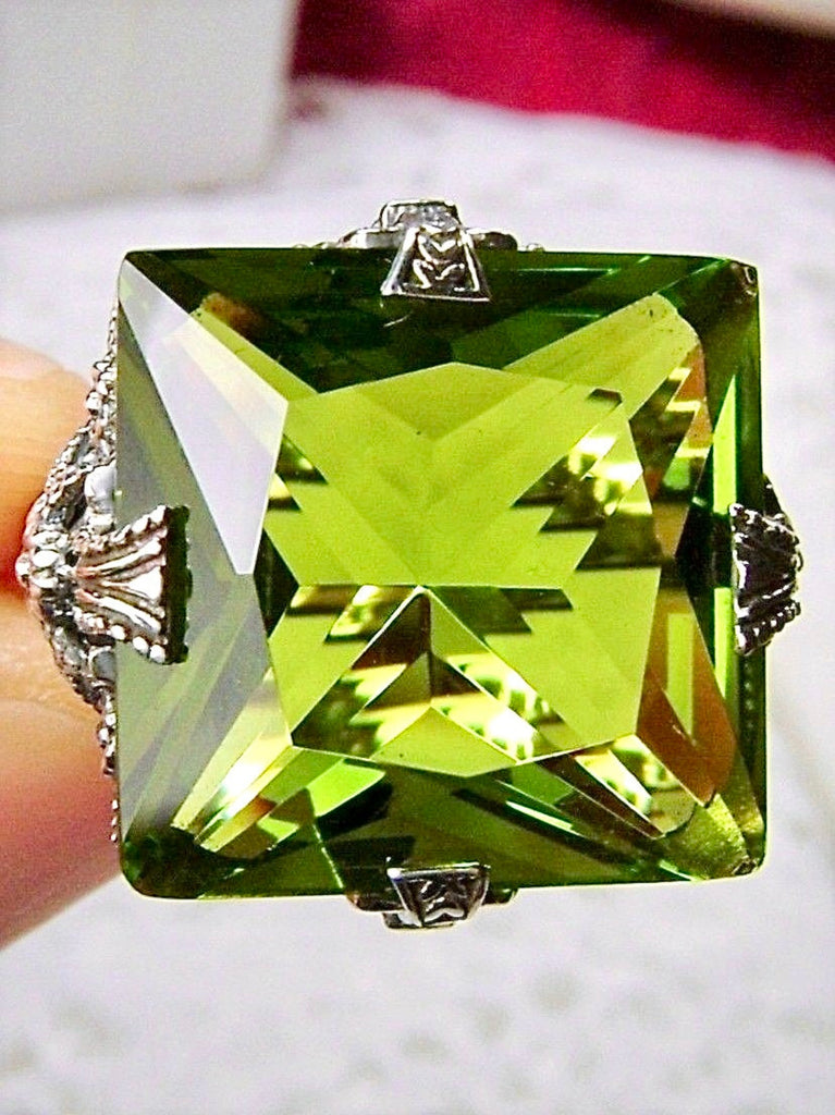 Peridot Ring, Peridot Jewelry, Square Victorian Ring, Sterling silver filigree, D77, Silver Embrace Jewelry
