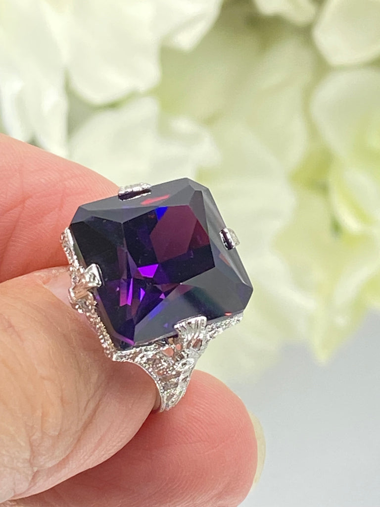 Purple Amethyst CZ Ring, Large Square Victorian Ring, White gold-plated sterling silver filigree, Square CZ Gem, D77, Silver Embrace jewelry