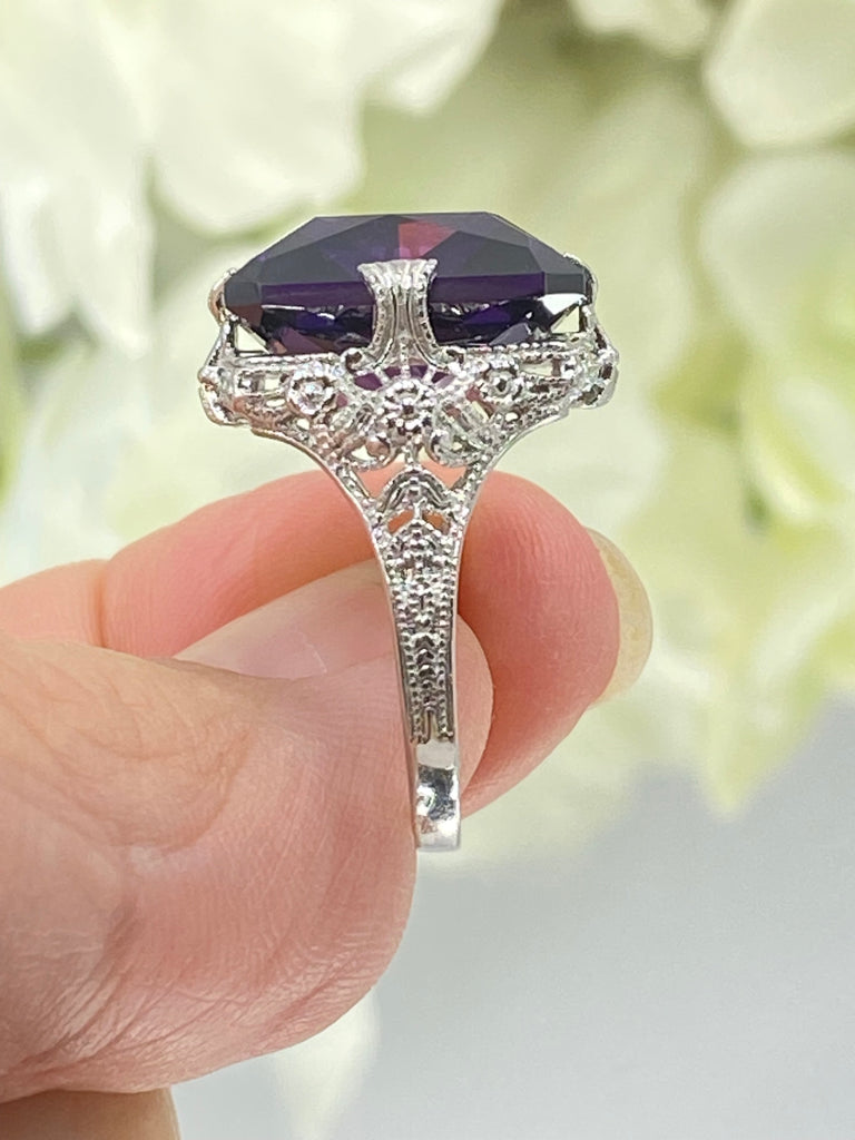 Purple Amethyst CZ Ring, Large Square Victorian Ring, White gold-plated sterling silver filigree, Square CZ Gem, D77, Silver Embrace jewelry