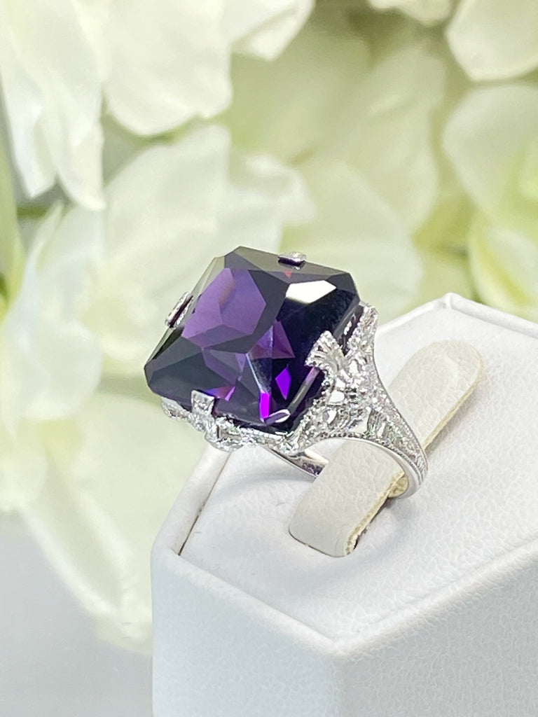 Purple Amethyst CZ Ring, Large Square Victorian Ring, White gold-plated sterling silver filigree, Square CZ Gem, D77, Silver Embrace jewelry