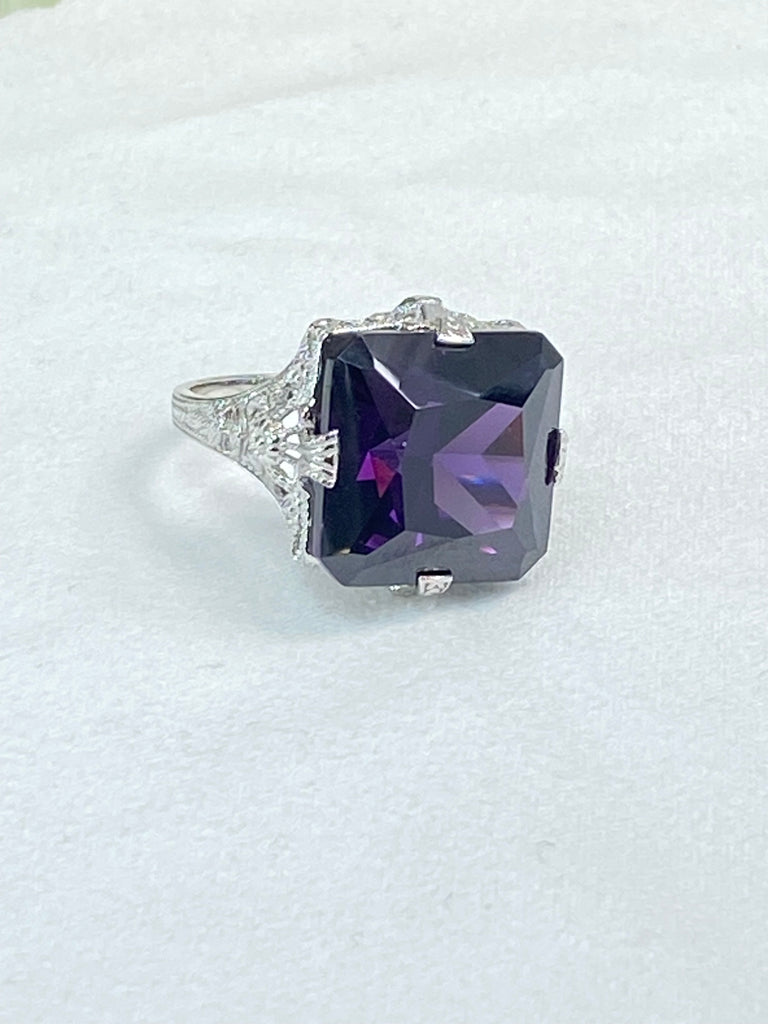 Purple Amethyst CZ Ring, Large Square Victorian Ring, White gold-plated sterling silver filigree, Square CZ Gem, D77, Silver Embrace jewelry