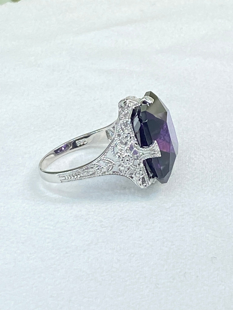 Purple Amethyst CZ Ring, Large Square Victorian Ring, White gold-plated sterling silver filigree, Square CZ Gem, D77, Silver Embrace jewelry