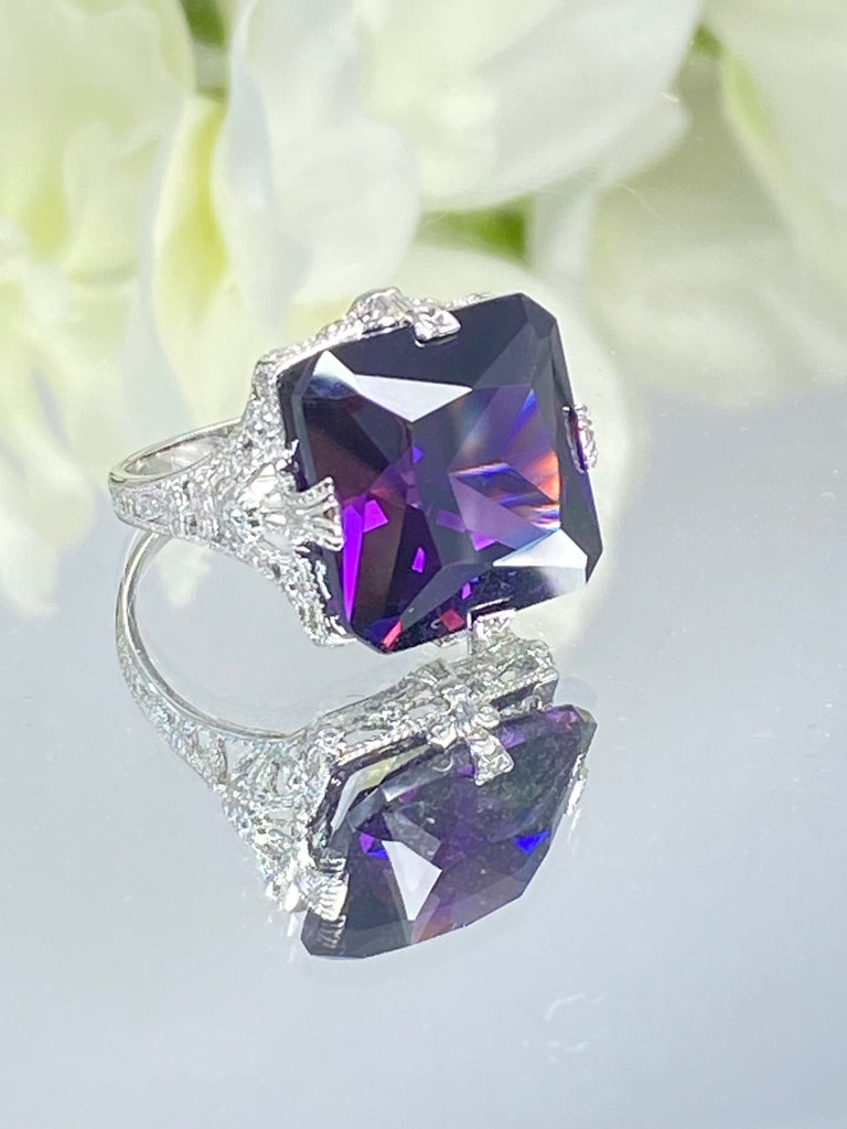 Purple Amethyst CZ Ring, Large Square Victorian Ring, White gold-plated sterling silver filigree, Square CZ Gem, D77, Silver Embrace jewelry