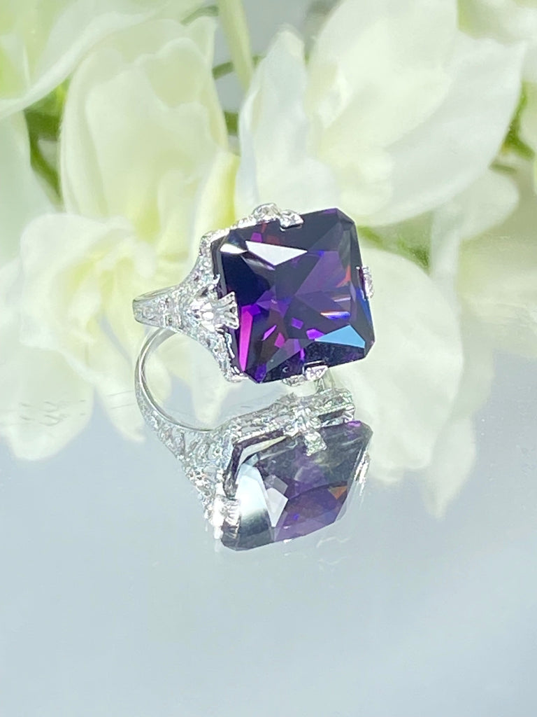 Purple Amethyst CZ Ring, Large Square Victorian Ring, White gold-plated sterling silver filigree, Square CZ Gem, D77, Silver Embrace jewelry