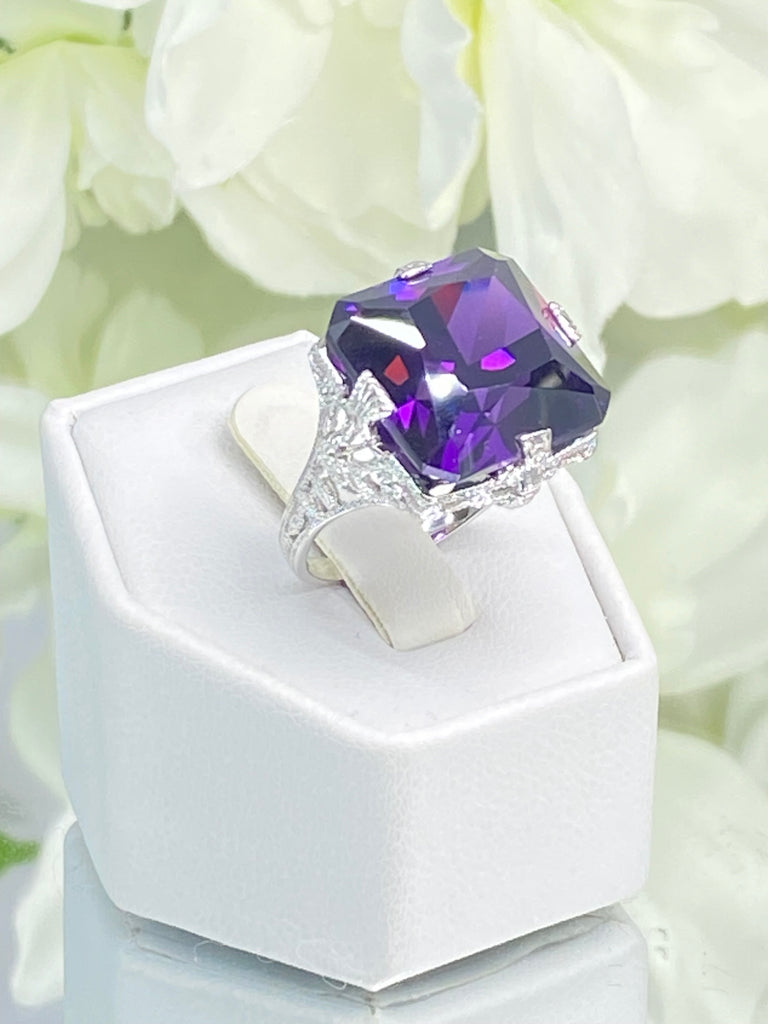 Purple Amethyst CZ Ring, Large Square Victorian Ring, White gold-plated sterling silver filigree, Square CZ Gem, D77, Silver Embrace jewelry