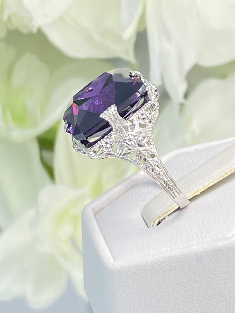 Purple Amethyst CZ Ring, Large Square Victorian Ring, White gold-plated sterling silver filigree, Square CZ Gem, D77, Silver Embrace jewelry