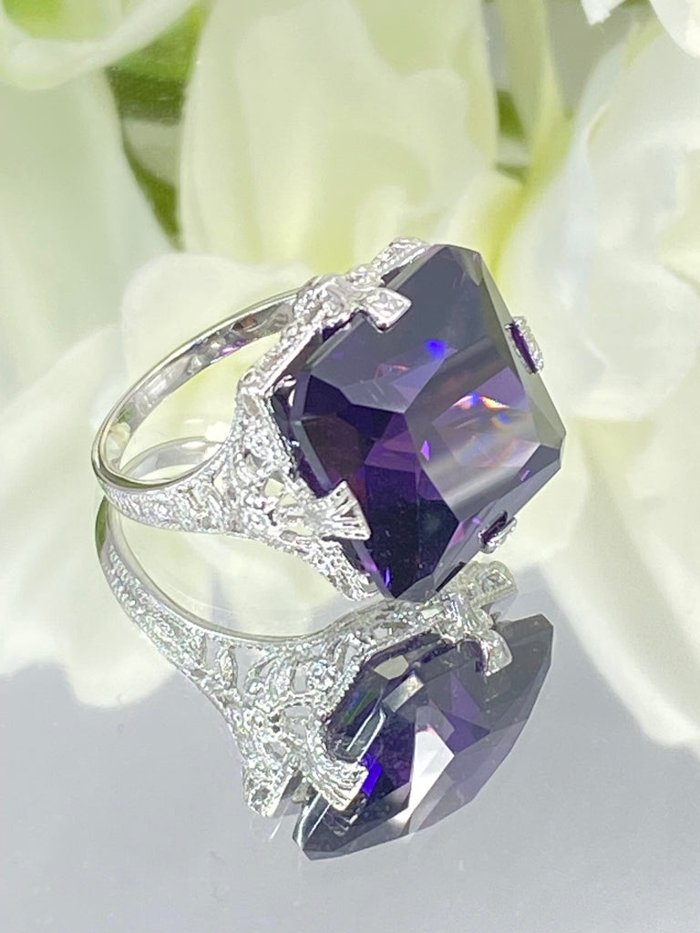 Purple Amethyst CZ Ring, Large Square Victorian Ring, White gold-plated sterling silver filigree, Square CZ Gem, D77, Silver Embrace jewelry