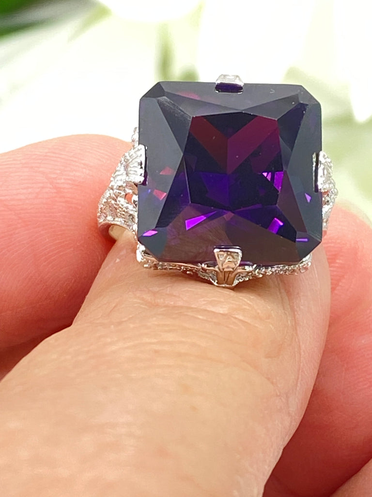 Purple Amethyst CZ Ring, Large Square Victorian Ring, White gold-plated sterling silver filigree, Square CZ Gem, D77, Silver Embrace jewelry